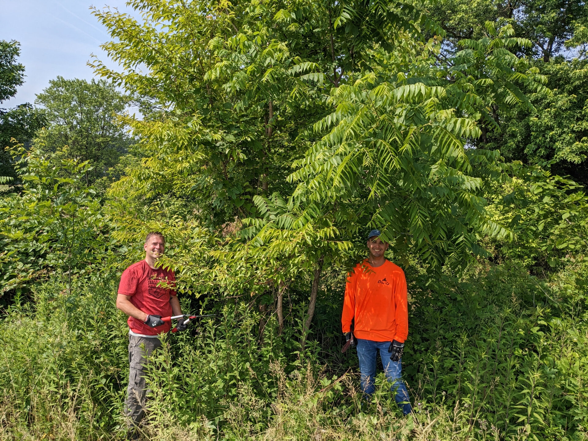 Two men in the field wearing bright colors, one beneath an overhang of shrubs.